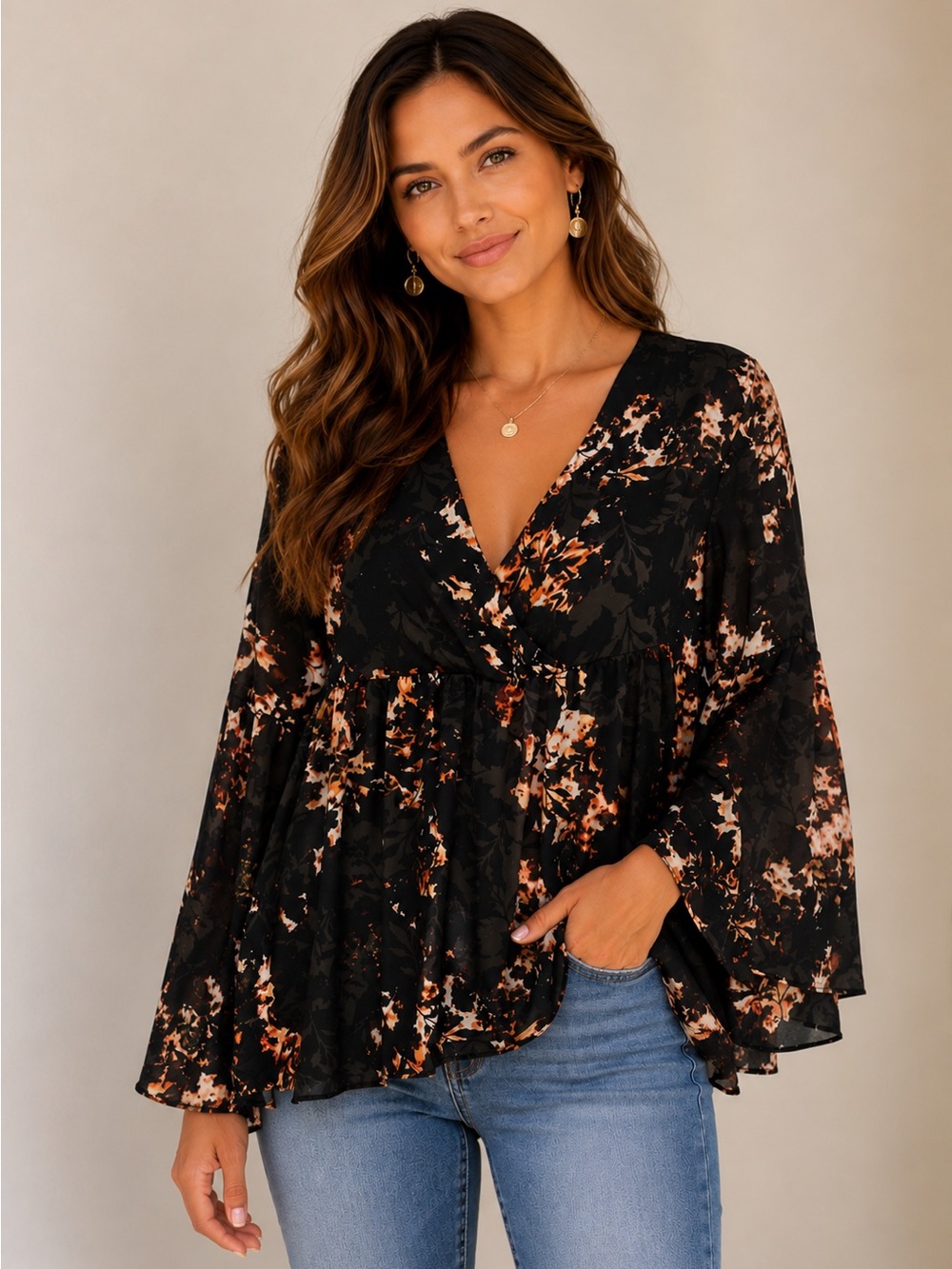 NWOT A.N.A. Criss Cross Floral Print Bell Sleeve Blouse‎ Small Romantic Flirty